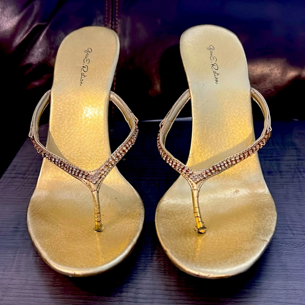 Gold high heel sandals with rhinestones - 4 1/2 inch heel. Very comfortable.